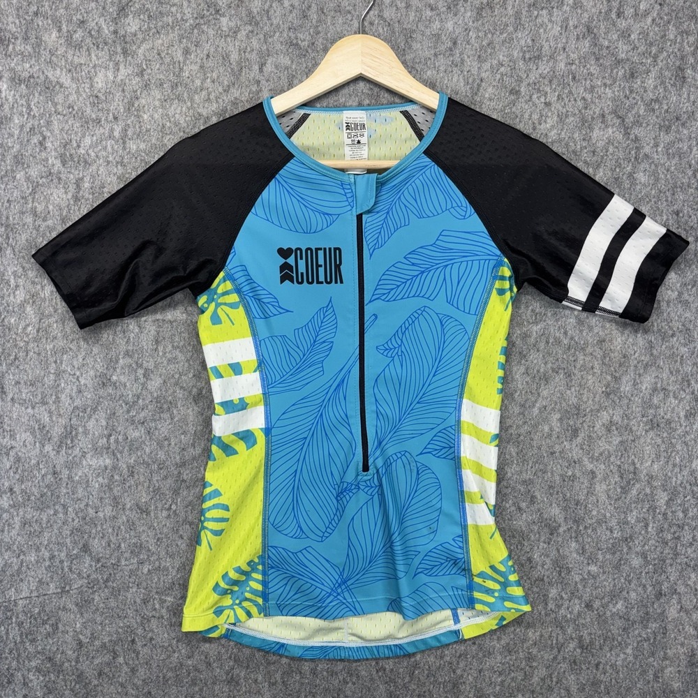 COEUR Triathlon Short Sleeve Top Women Small Colorful Run Cycle Swim Pockets Zip